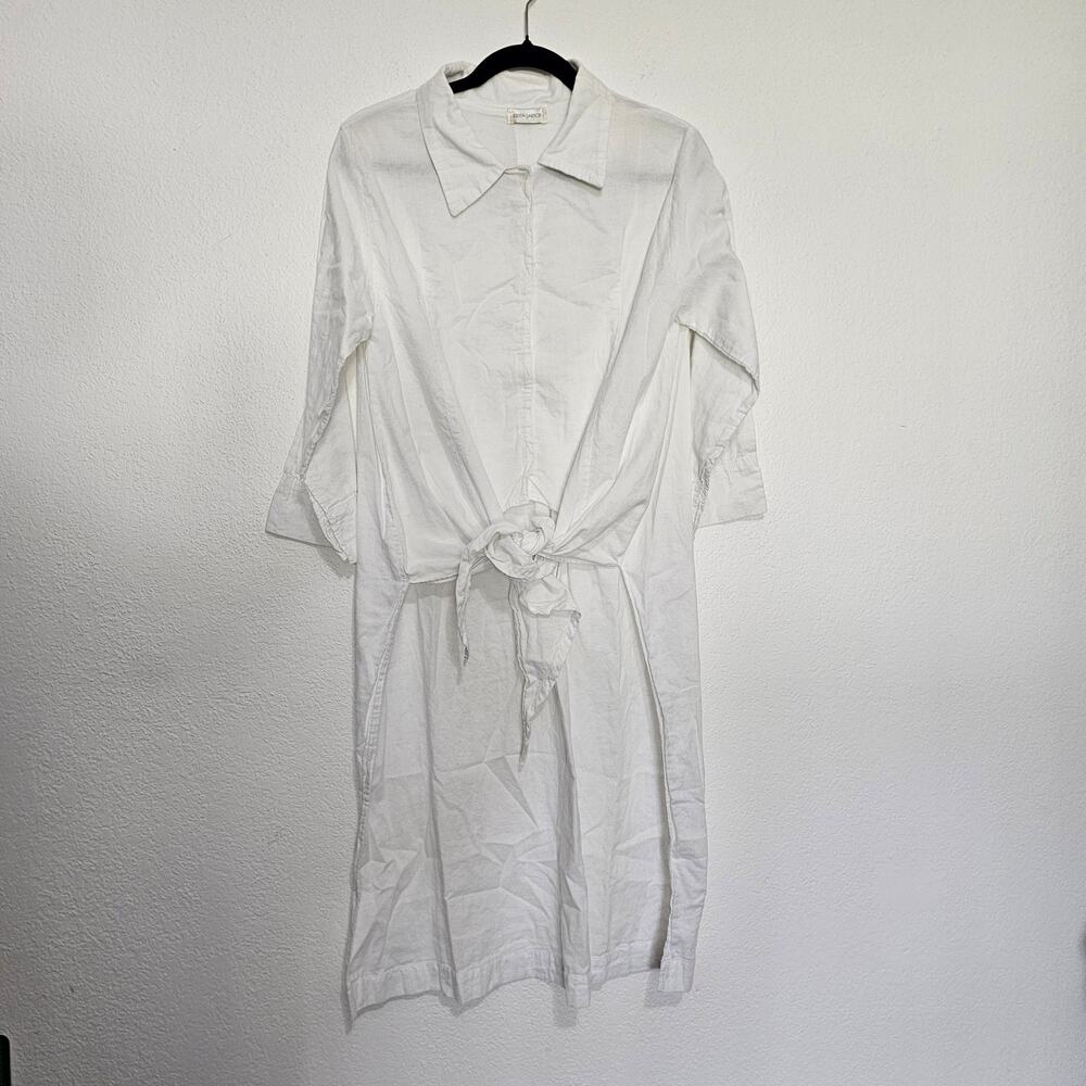 Krista Larson White Tie Front Shirt Top Tunic Hi Lo Long Tail Long Sleeve Women